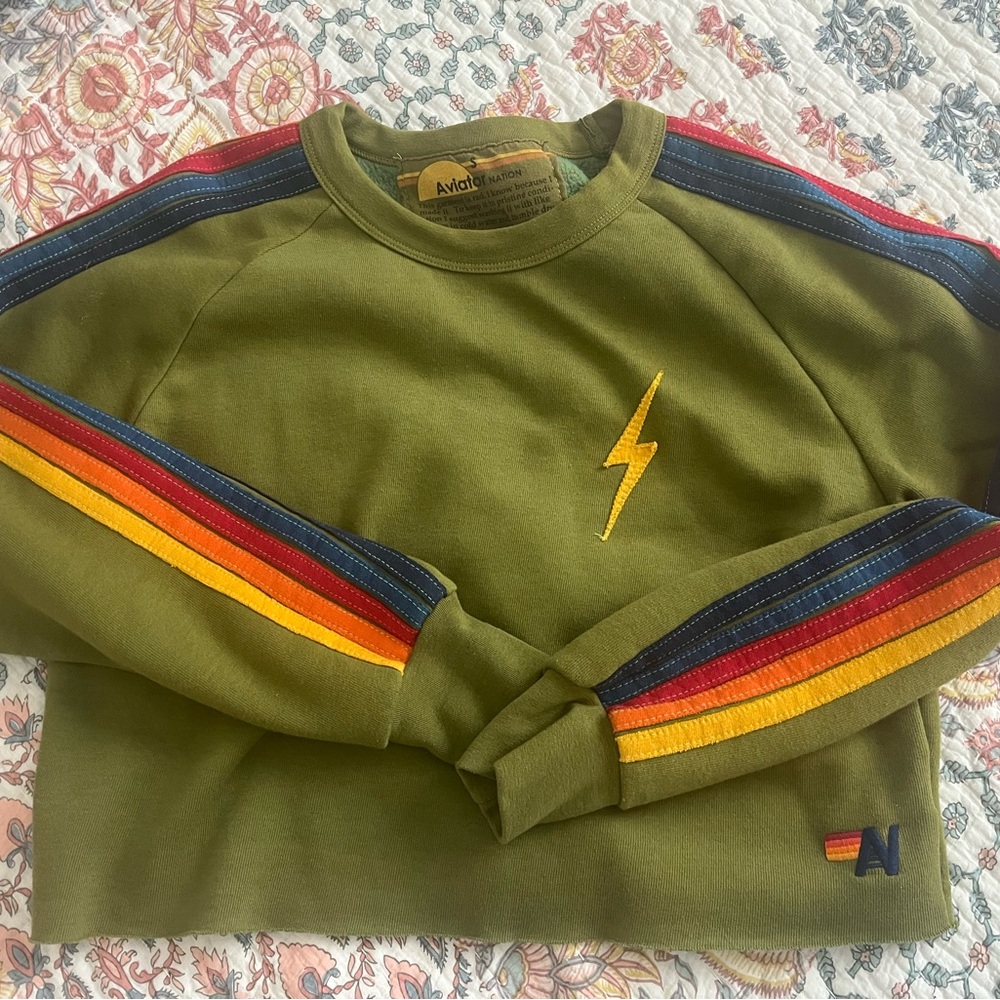 Aviator Nation Green Crewneck Sweater with Rainbow Stripes Cropped RARE